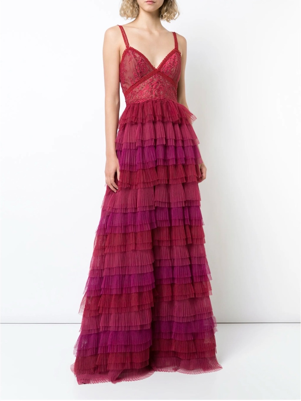 MARCHESA NOTTE Tulle Ruffled Evening Maxi Dress Berry Sz 4
